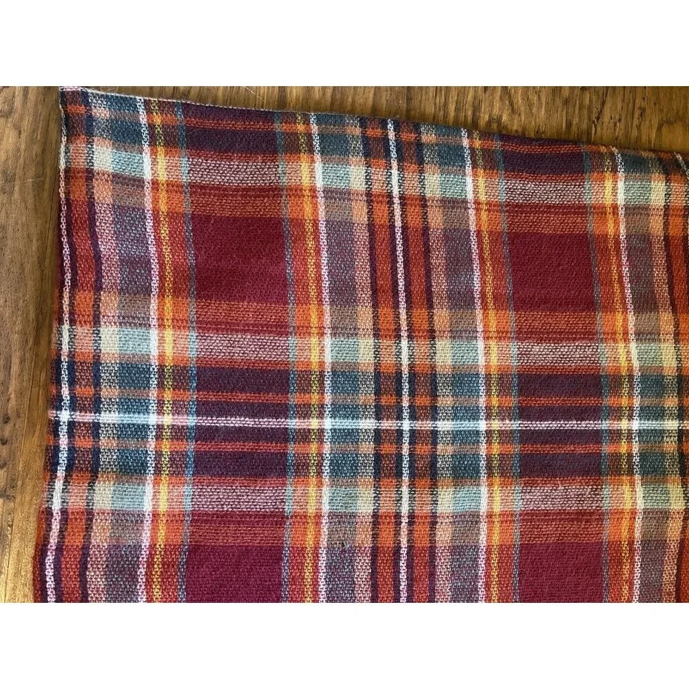 Altar'd State Super Soft Maroon Orange Teal Plaid Fringed Wrap Throw Scarf 52x52